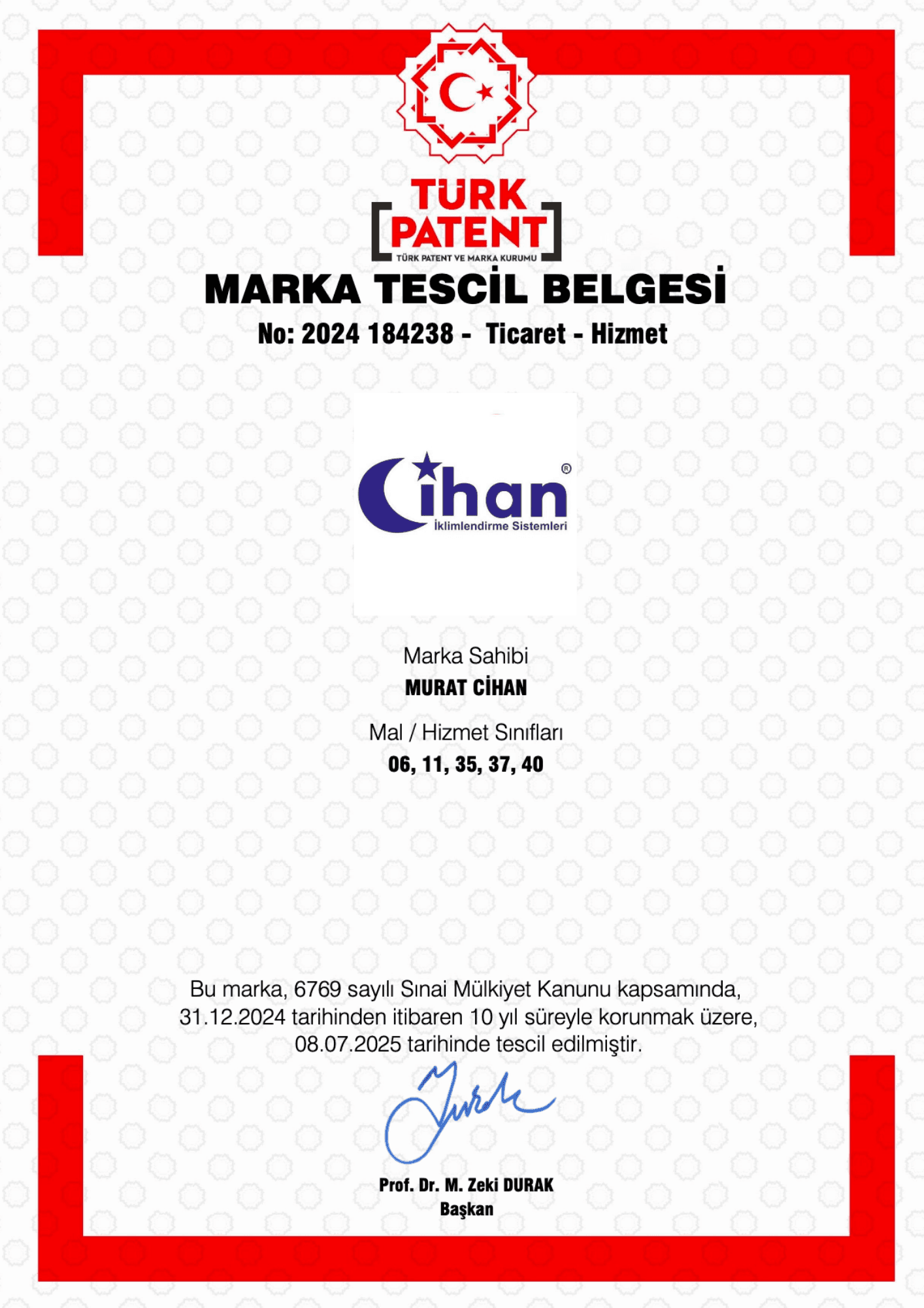 Cihan İklimlendirme Marka Tescil Belgesi